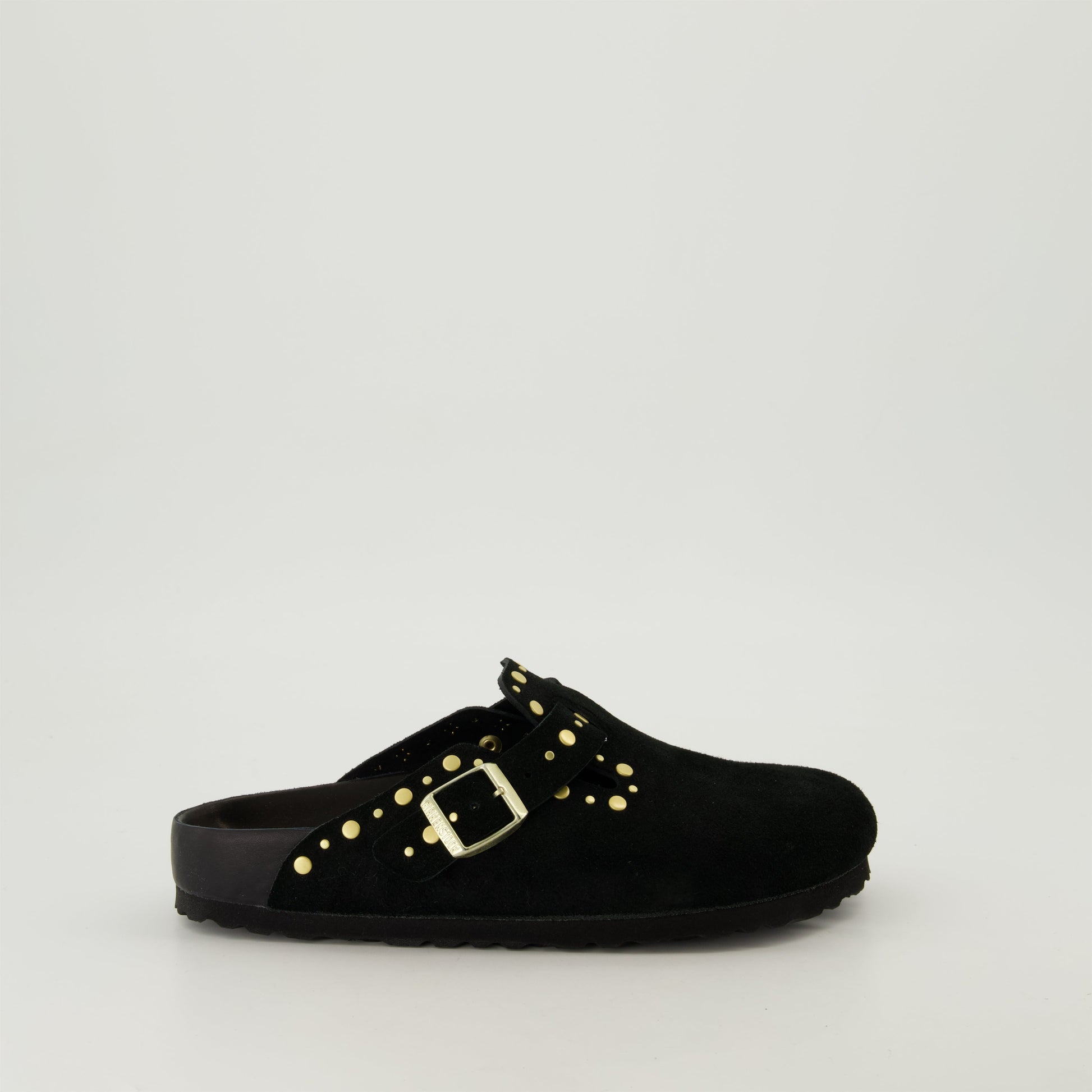 suede mules, gold studded mules, Boston mules, slip-on shoes, anatomical footbed