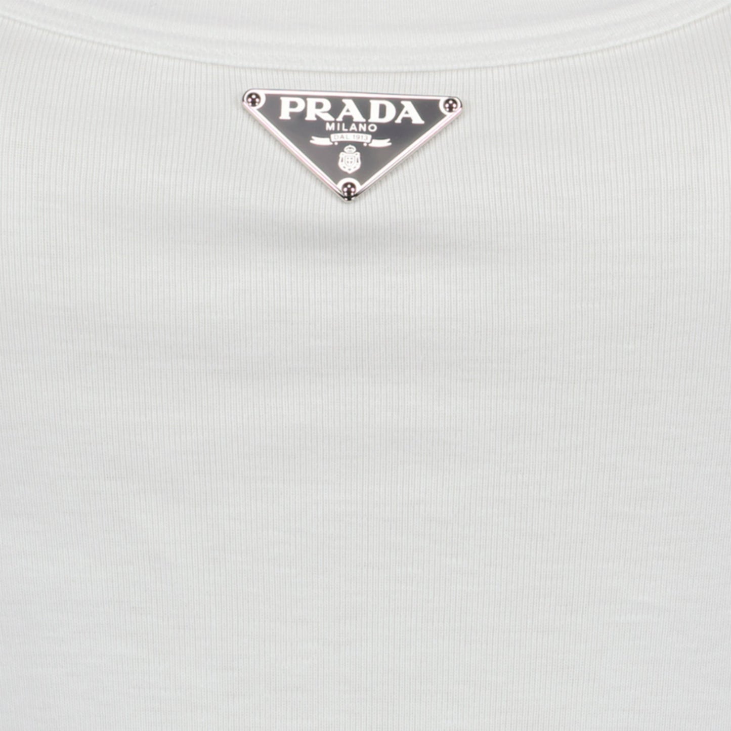 white tank top, triangle logo, cotton jersey, Prada collection, sleeveless design