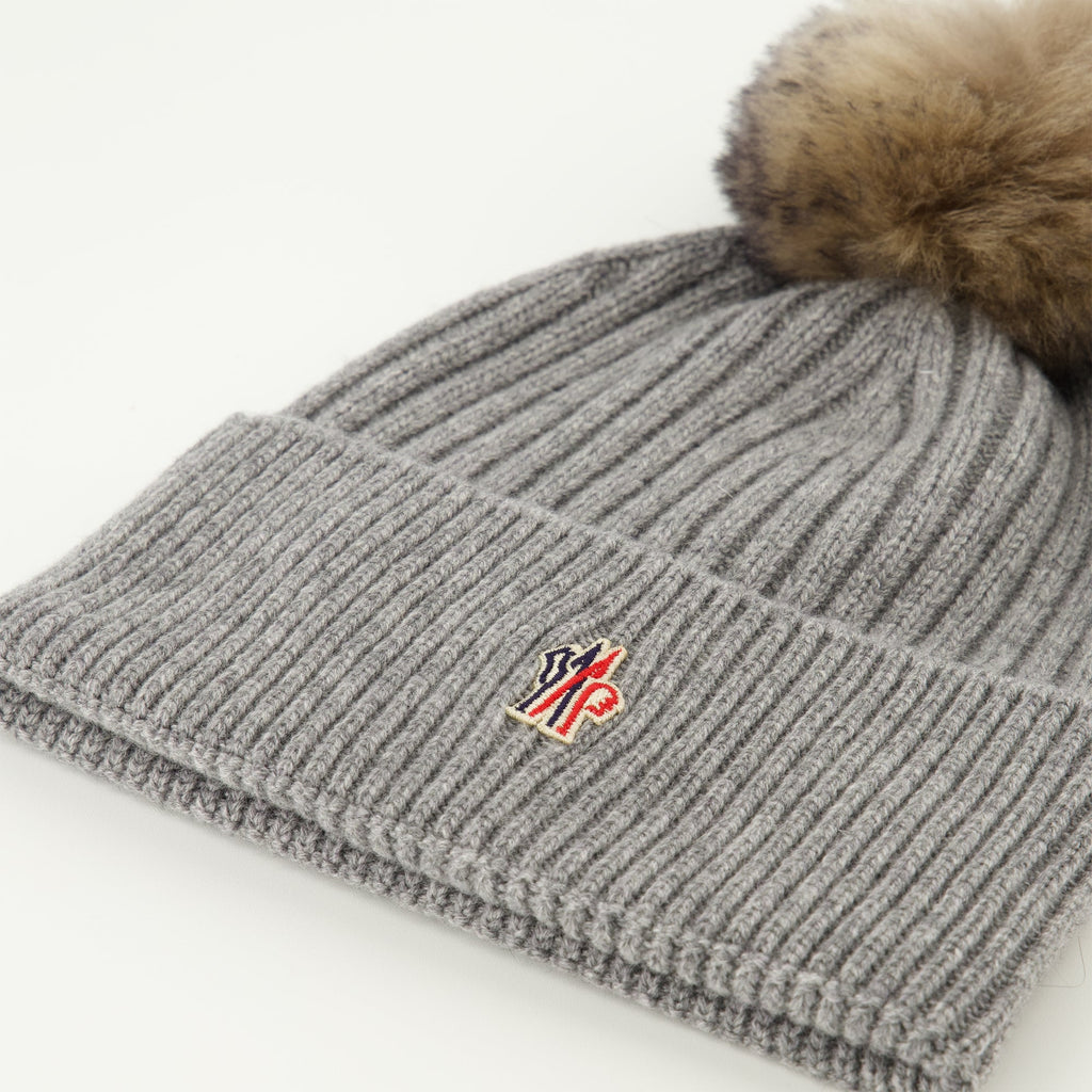 Moncler beanie, cashmere hat, grey pompom beanie, winter accessories, luxury headwear