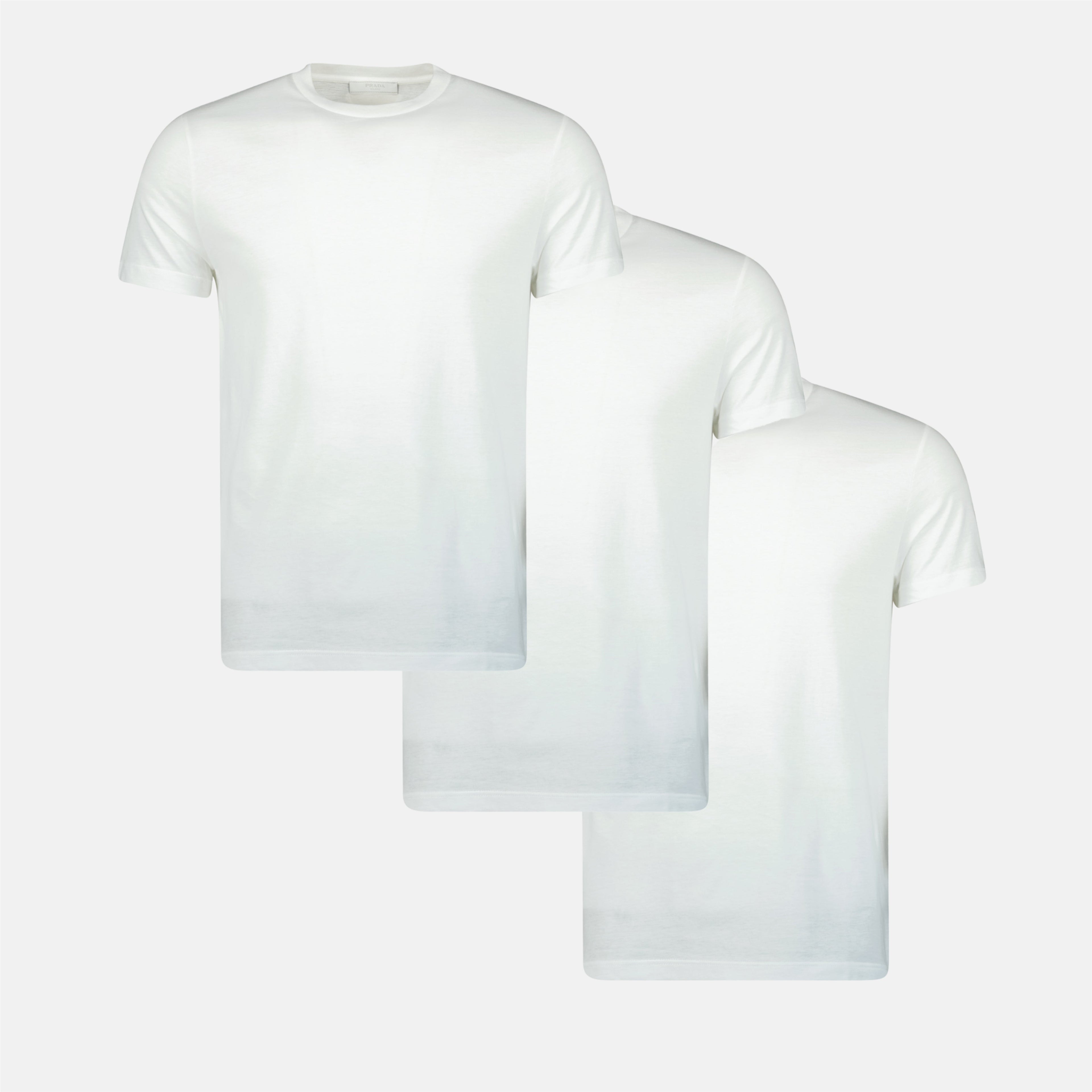 Prada T-shirt set, white cotton T-shirts, classic crew neck, triangle logo shirts, Spring-Summer collection