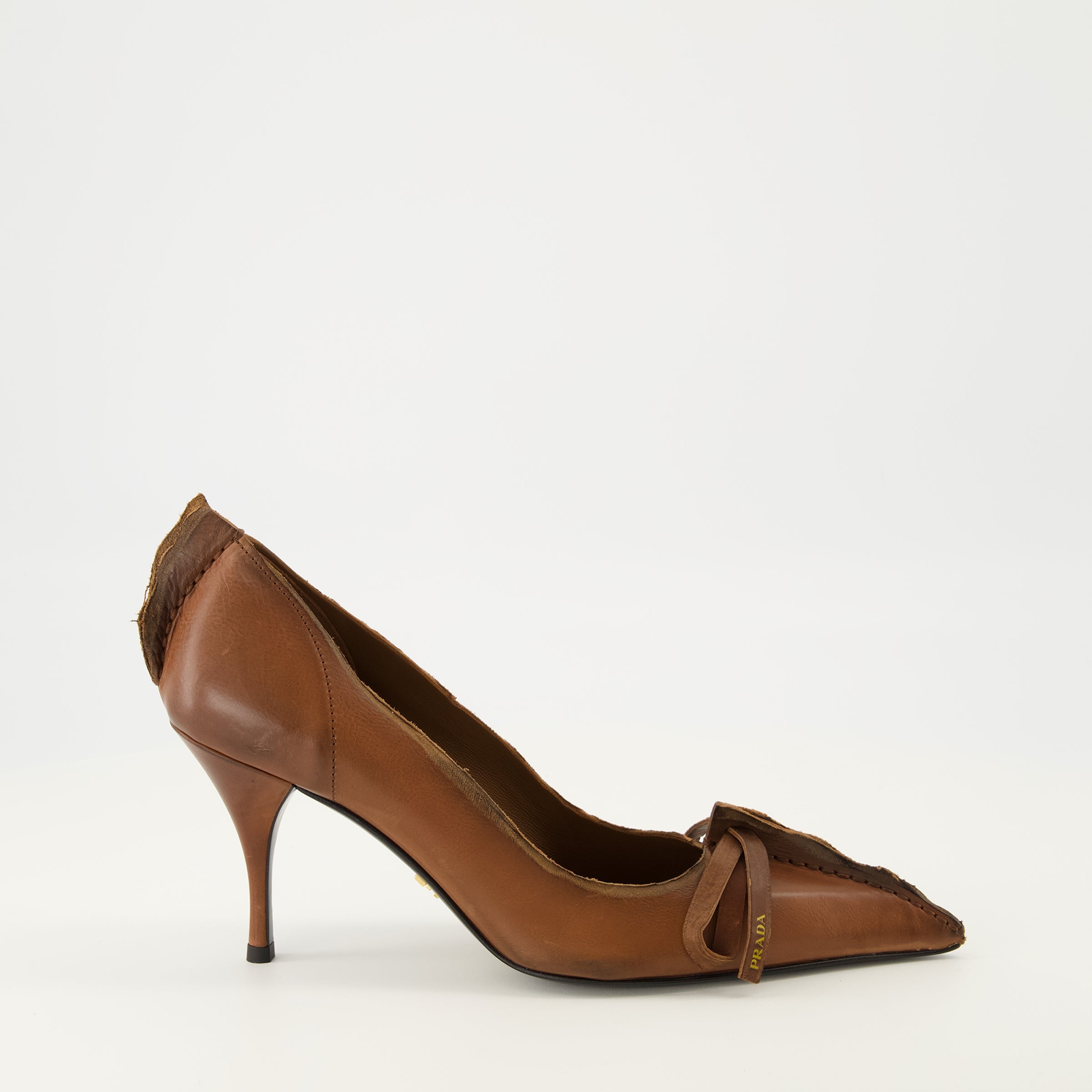 Prada, Brown Leather Pumps, Slip-On Shoes, Elegant Footwear, Leather Sole