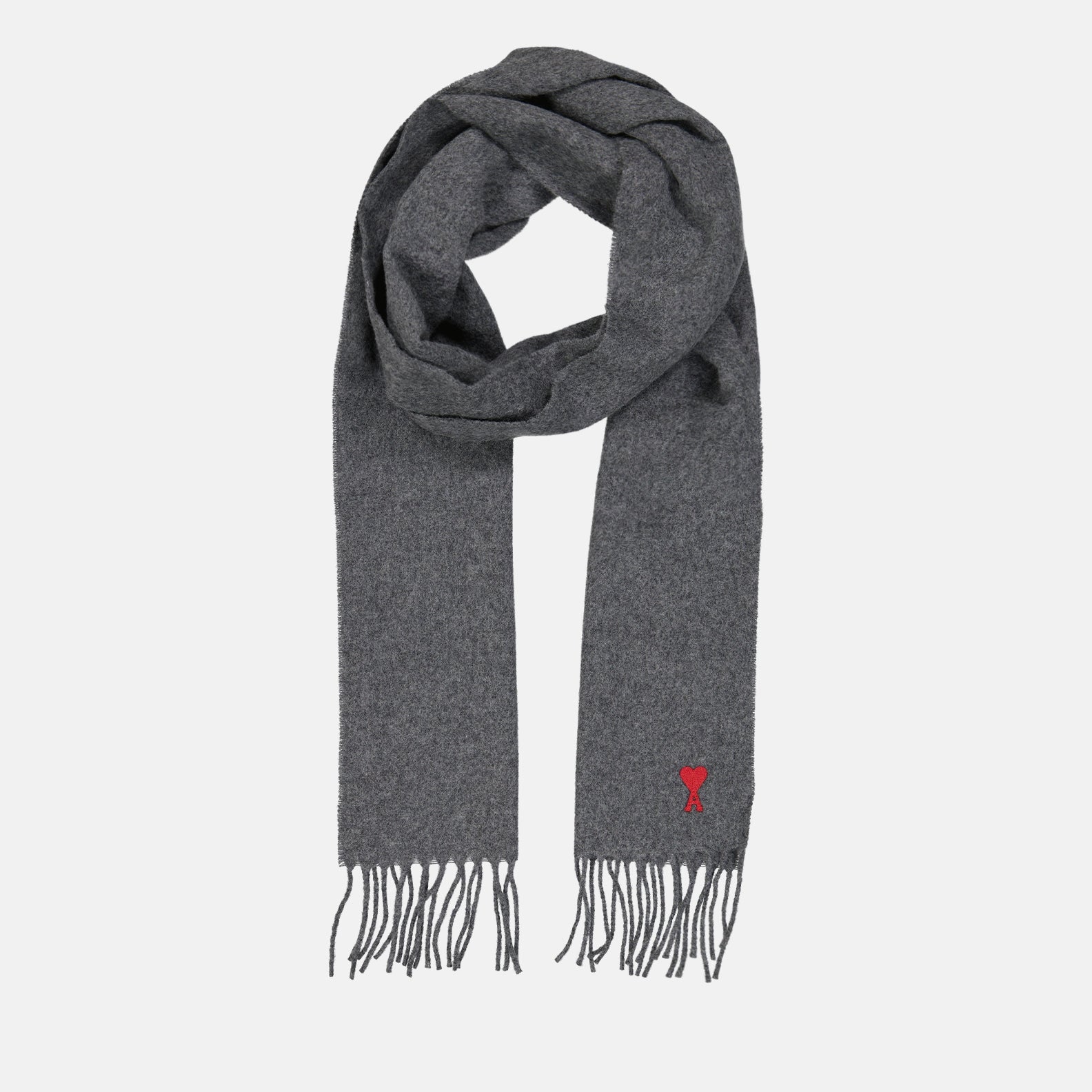 gray scarf, wool scarf, AMI Paris, heart motif, autumn winter accessory