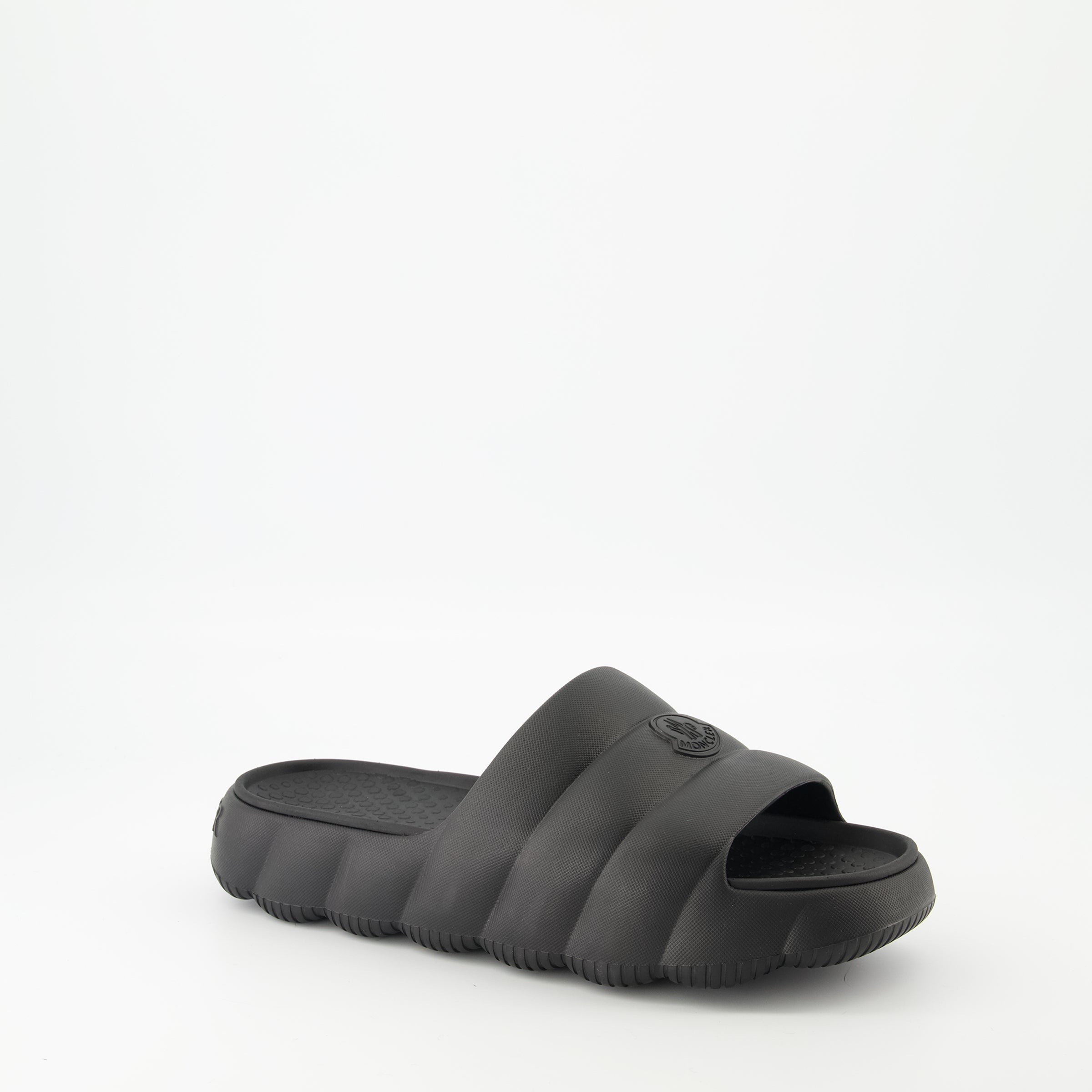 Moncler sandals, black slide sandals, Lilo sandals, luxury footwear, elegant slide sandals