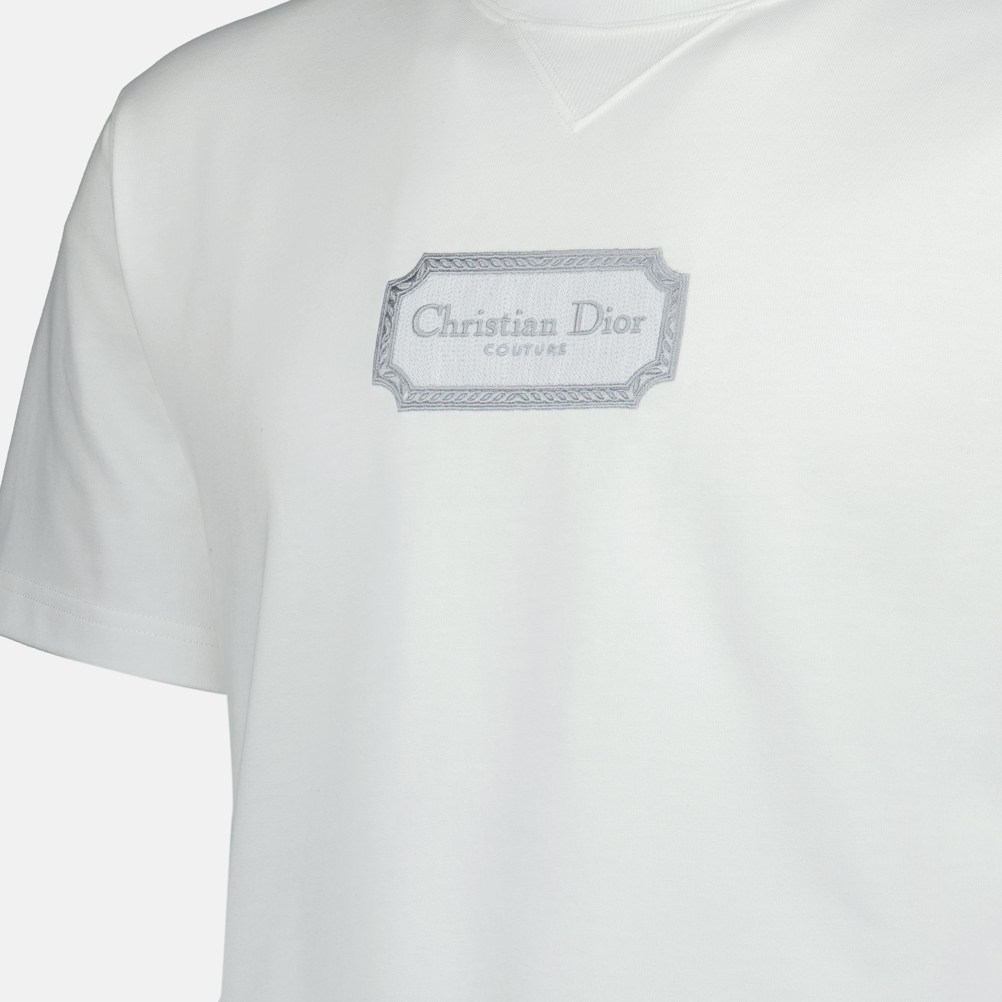Christian Dior Couture T-shirt, white cotton T-shirt, embroidered logo shirt, short sleeve top, designer casual wear