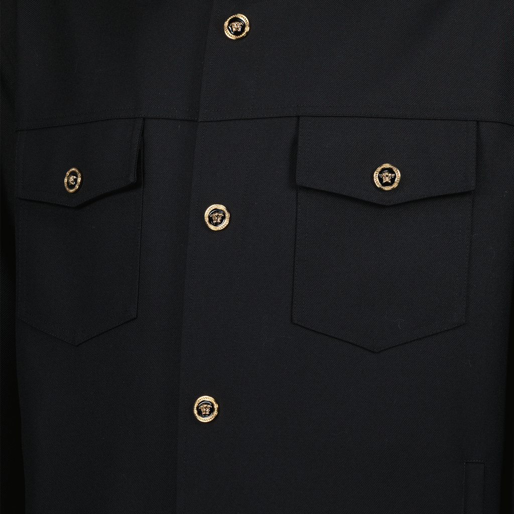 black wool shirt, classic collar shirt, Medusa detail shirt, men's shirts, elegant everyday wear