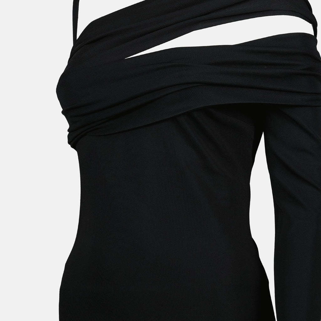 evening gown, asymmetrical design, black dress, fashionable attire, Spring-Summer 2025