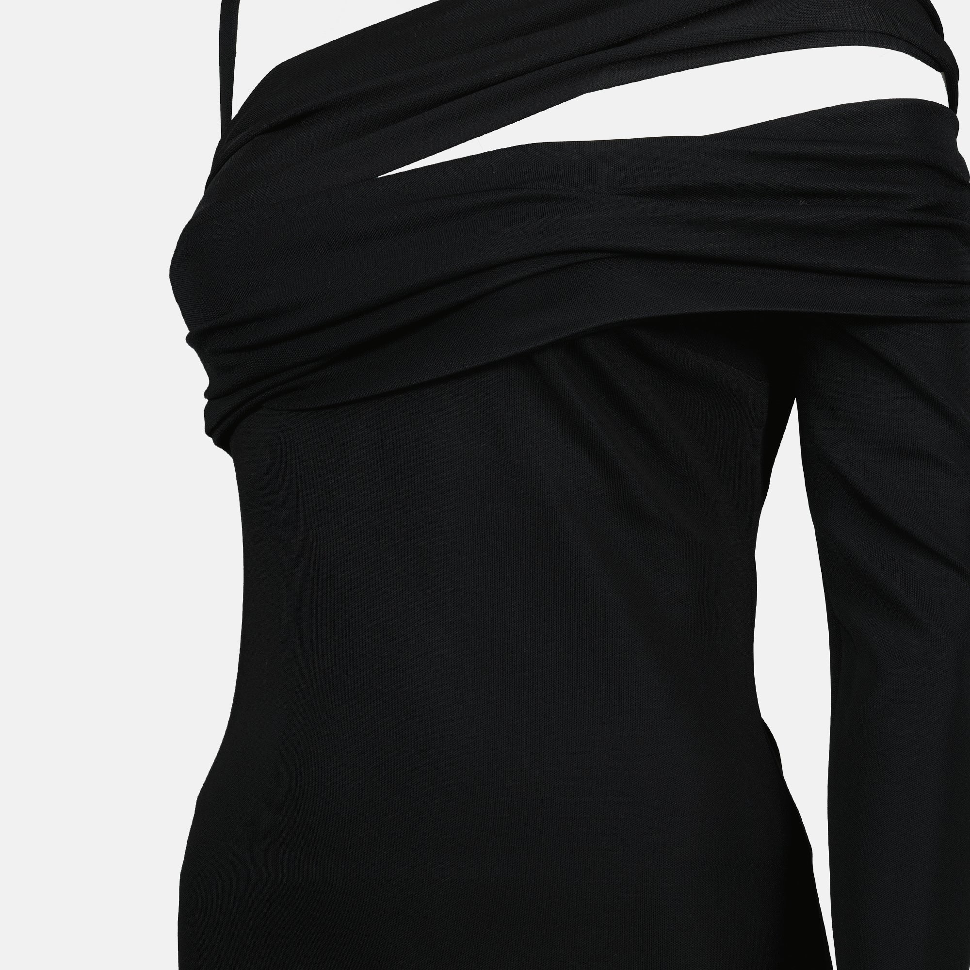 evening gown, asymmetrical design, black dress, fashionable attire, Spring-Summer 2025