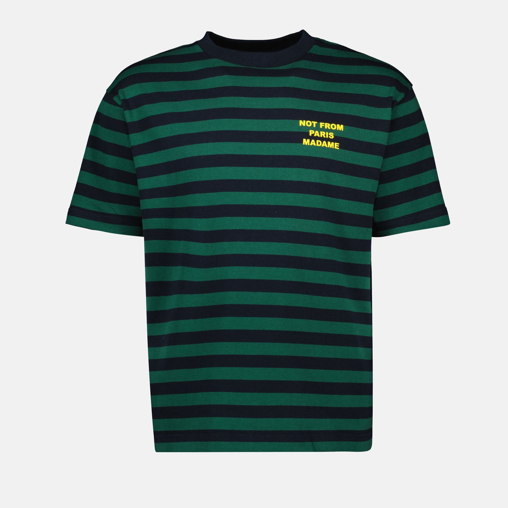 striped t-shirt, black green t-shirt, round neck tee, casual wear, Drole De Monsieur