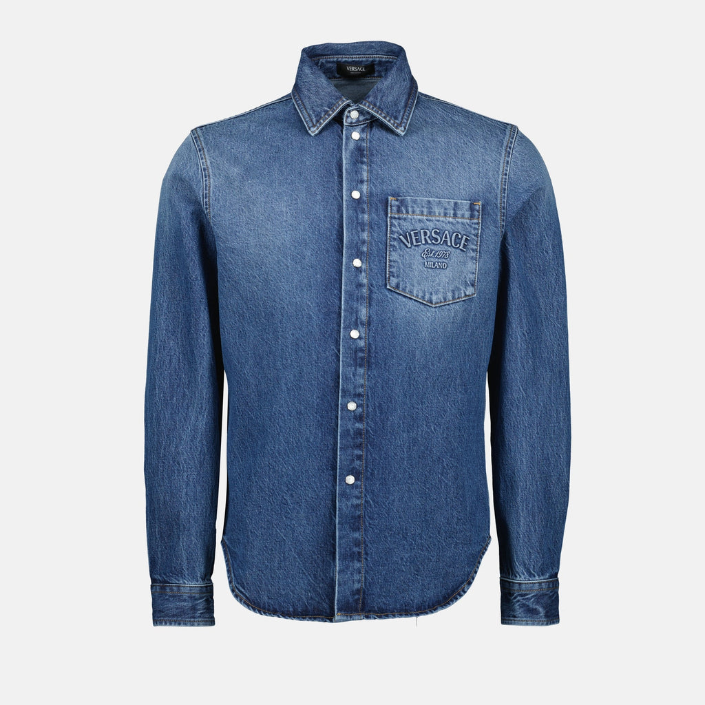 embroidered denim shirt, Versace shirt, men's denim fashion, blue button-up shirt, designer casual wear