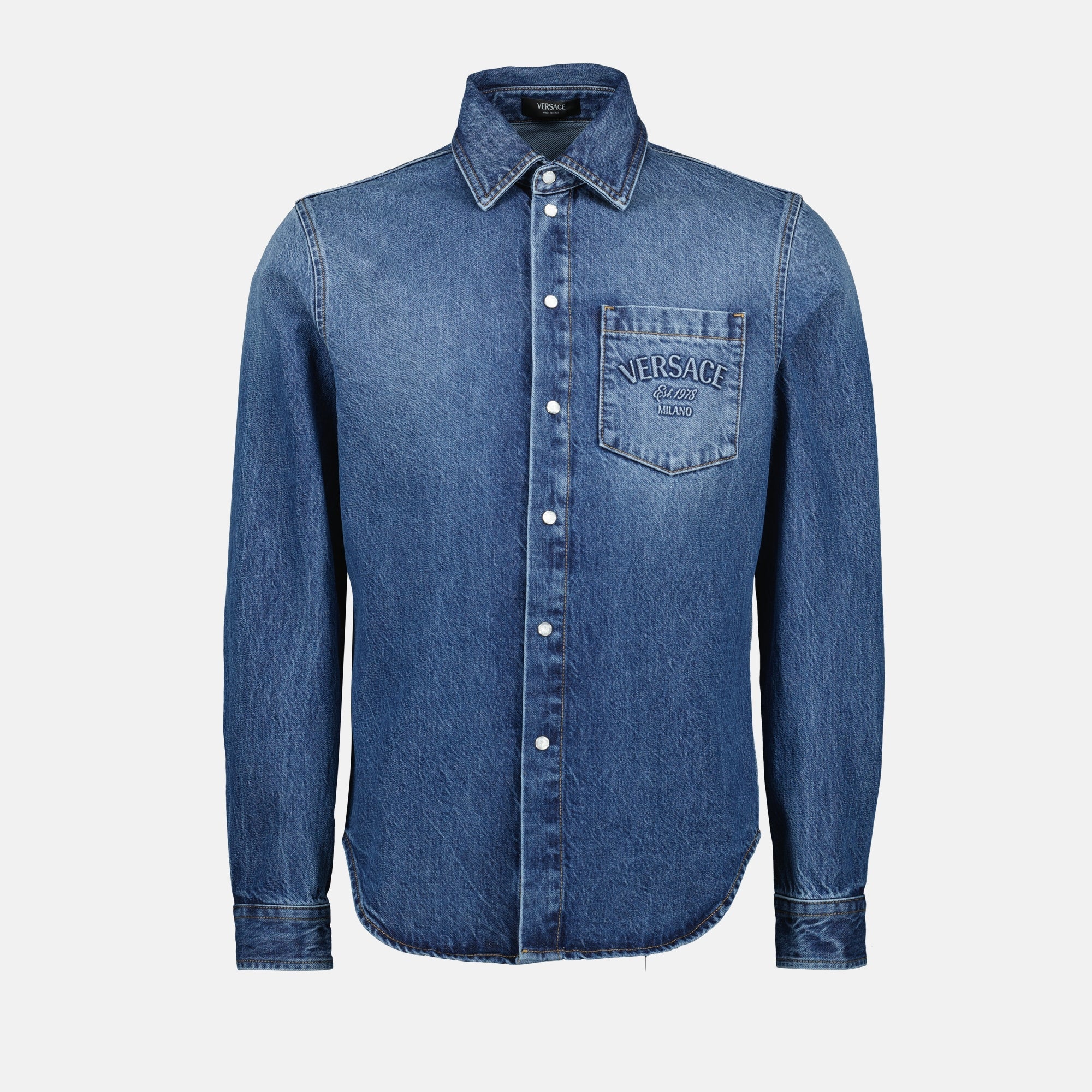 embroidered denim shirt, Versace shirt, men's denim fashion, blue button-up shirt, designer casual wear