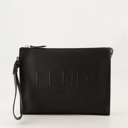 Fendi Pochette, Black Leather Bag, Luxury Accessories, Grained Leather Clutch, Designer Pouch