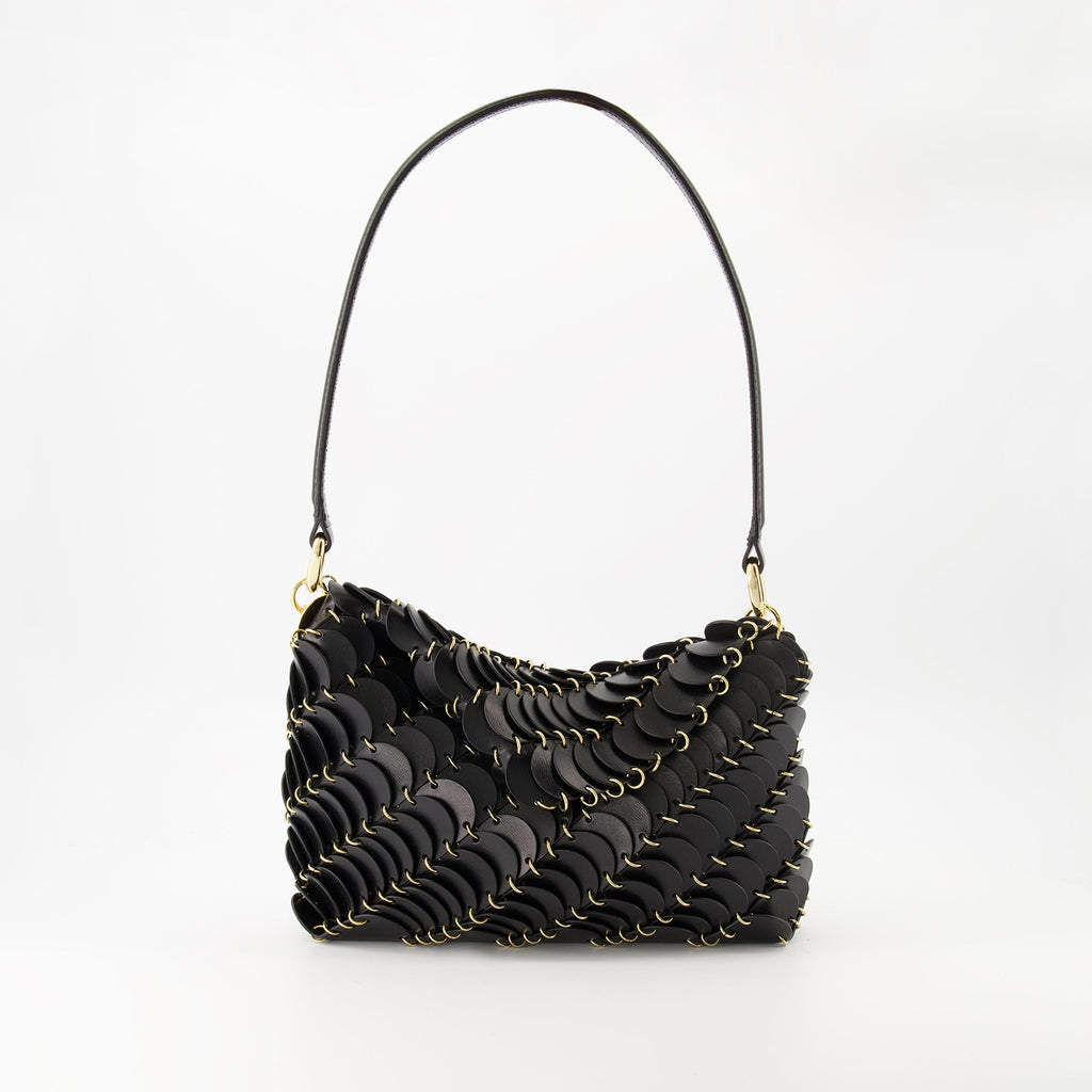 black leather bag, Paco bag, designer accessory, modern handbag, elegant purse