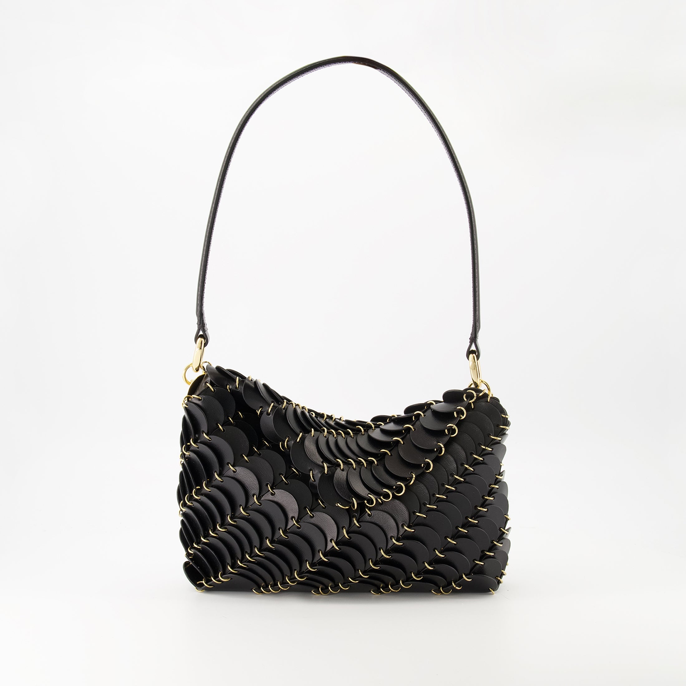 black leather bag, Paco bag, designer accessory, modern handbag, elegant purse