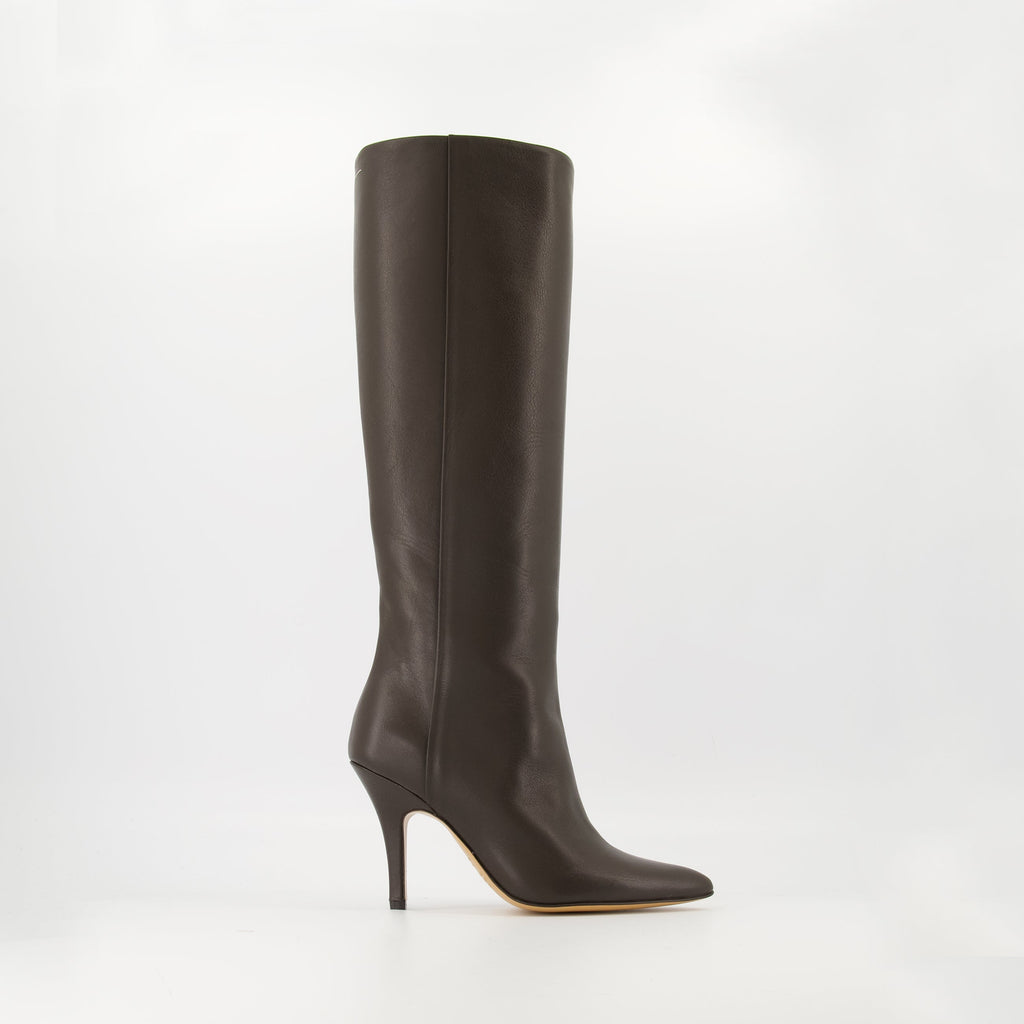 brown boots, Mm6 footwear, calf leather boots, pointed toe shoes, stiletto heel boots