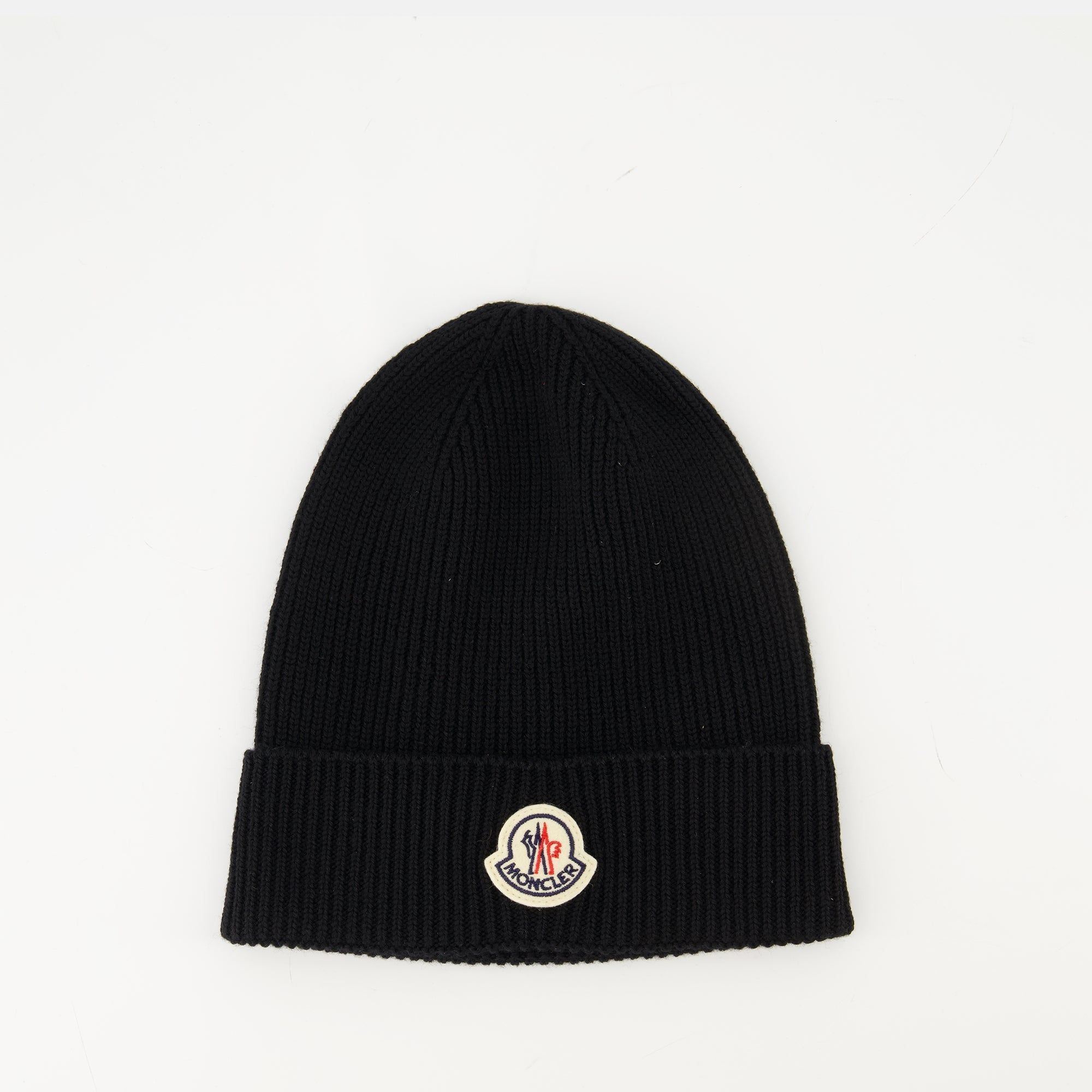 Moncler beanie, black wool beanie, Autumn-Winter accessories, ribbed edge beanie, felt logo hat