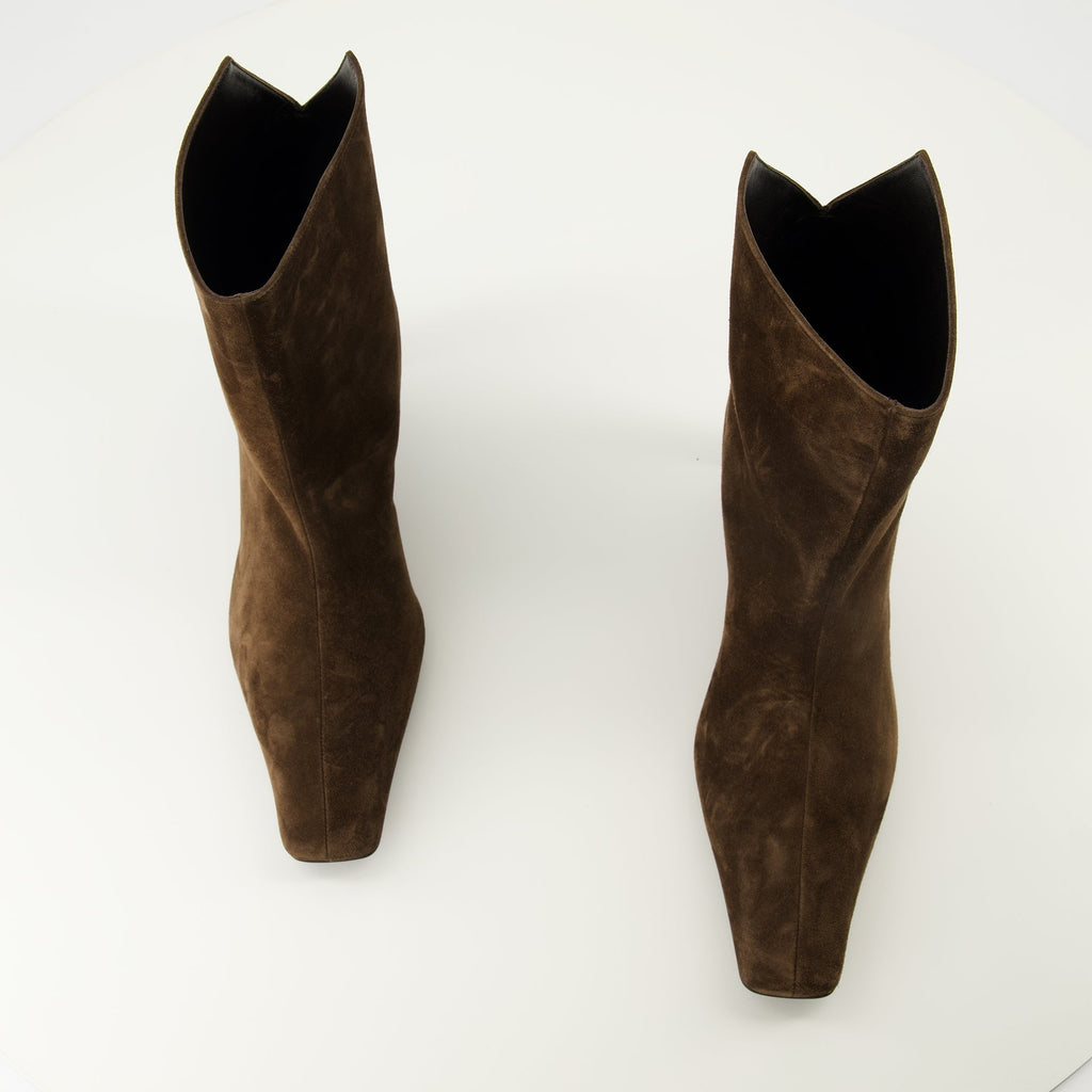 Khaite boots, brown ankle boots, calfskin leather footwear, square toe design boots, luxury ankle boots