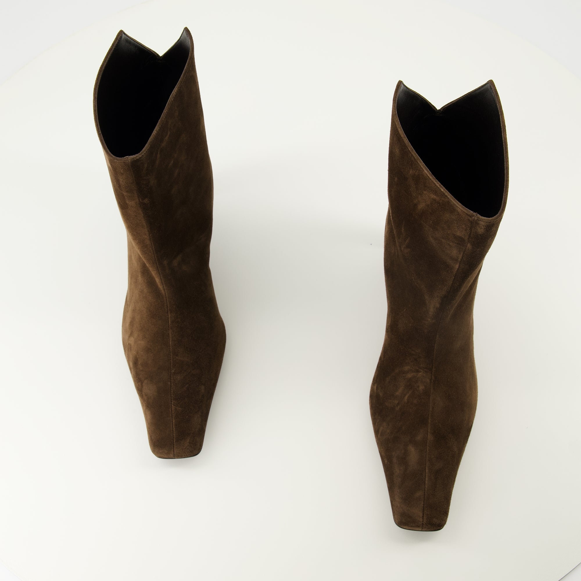Khaite boots, brown ankle boots, calfskin leather footwear, square toe design boots, luxury ankle boots