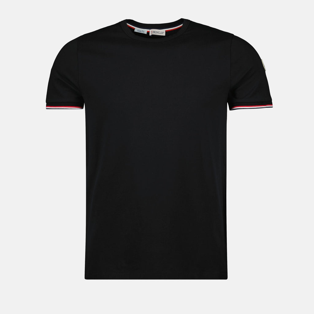 Black T-shirt, Moncler T-shirt, Tricolor edges, Comfortable casual wear, Spring-Summer collection