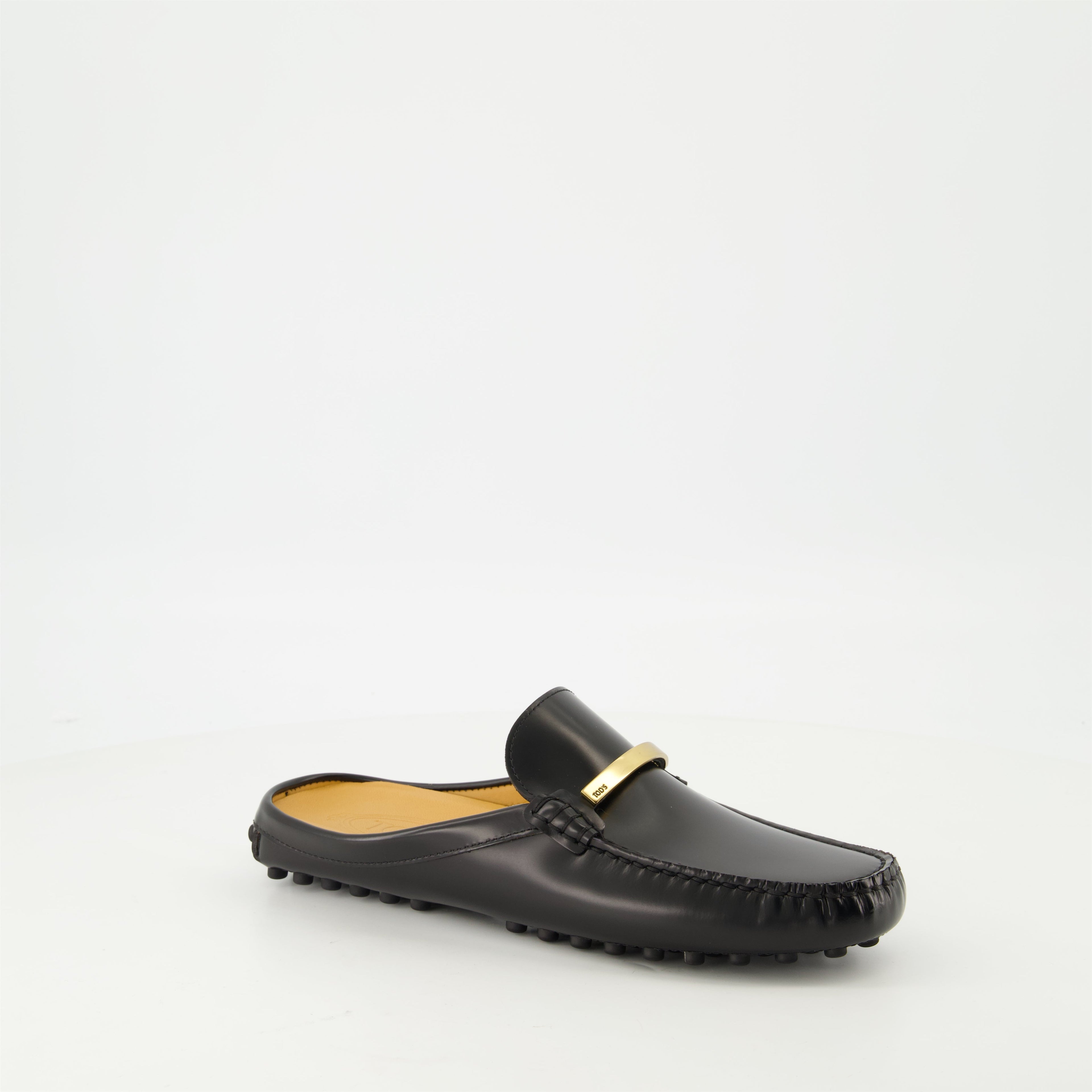 Tod's mules, black leather mules, Gommino shoes, designer footwear, stylish mules