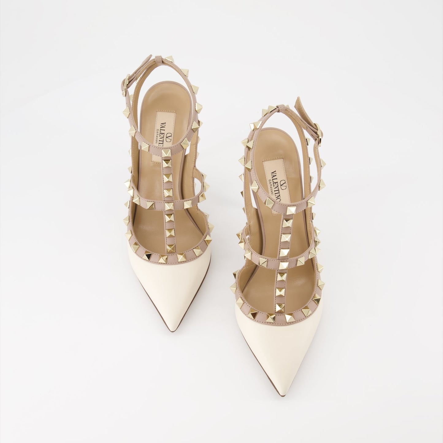 Rockstud pumps, Valentino Garavani shoes, luxury heels, white and beige pumps, high-end footwear