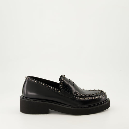 black leather moccasins, round toe, leather sole, refined footwear, classic black moccasins