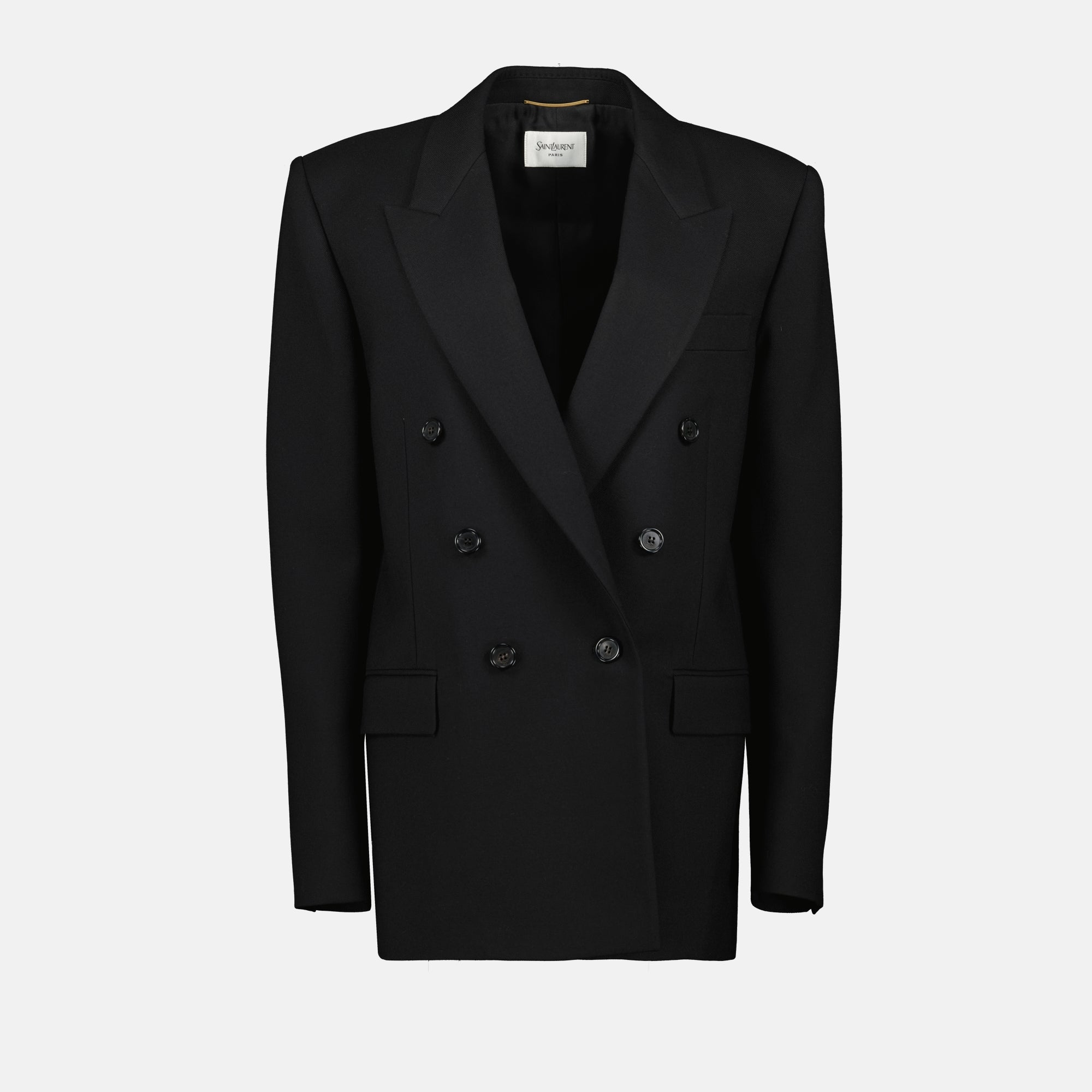 black blazer, Saint Laurent, wool gabardine, double-breasted blazer, silk lining