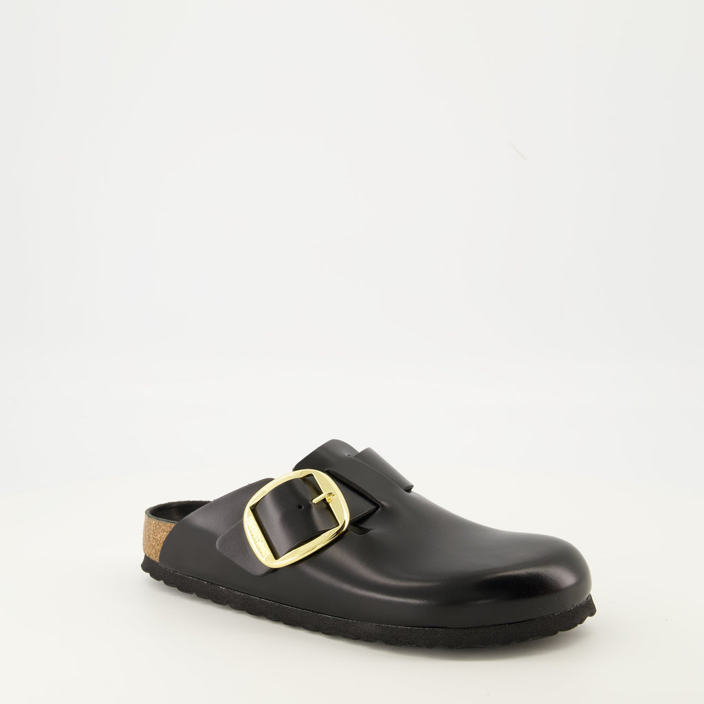 Birkenstock mules, black leather mules, Boston Big Buckle, comfortable footwear, adjustable mules