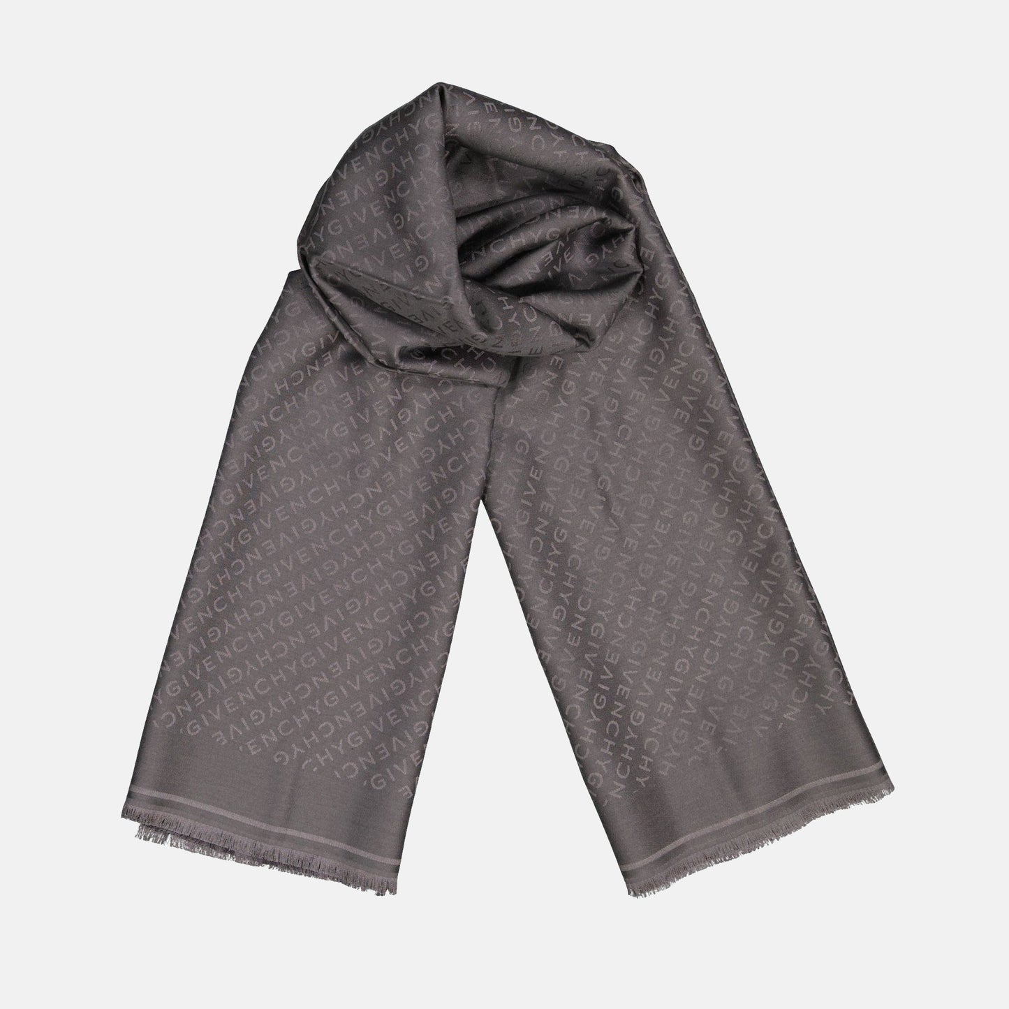 silk scarf, Givenchy scarf, luxury accessory, gray scarf, monogrammed scarf