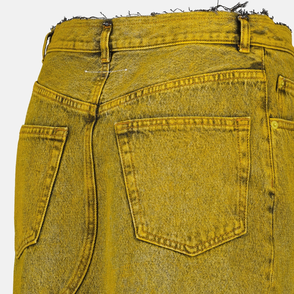 denim maxi skirt, vintage wash skirt, MM6 skirt, yellow denim skirt, frayed edge skirt