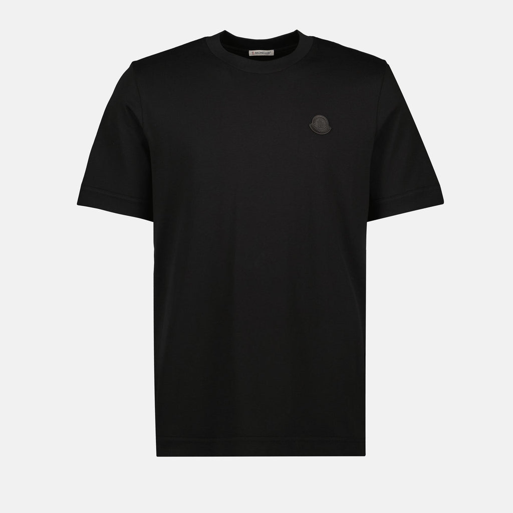 Moncler t-shirt, black logo shirt, cotton jersey t-shirt, leather patch t-shirt, autumn winter collection