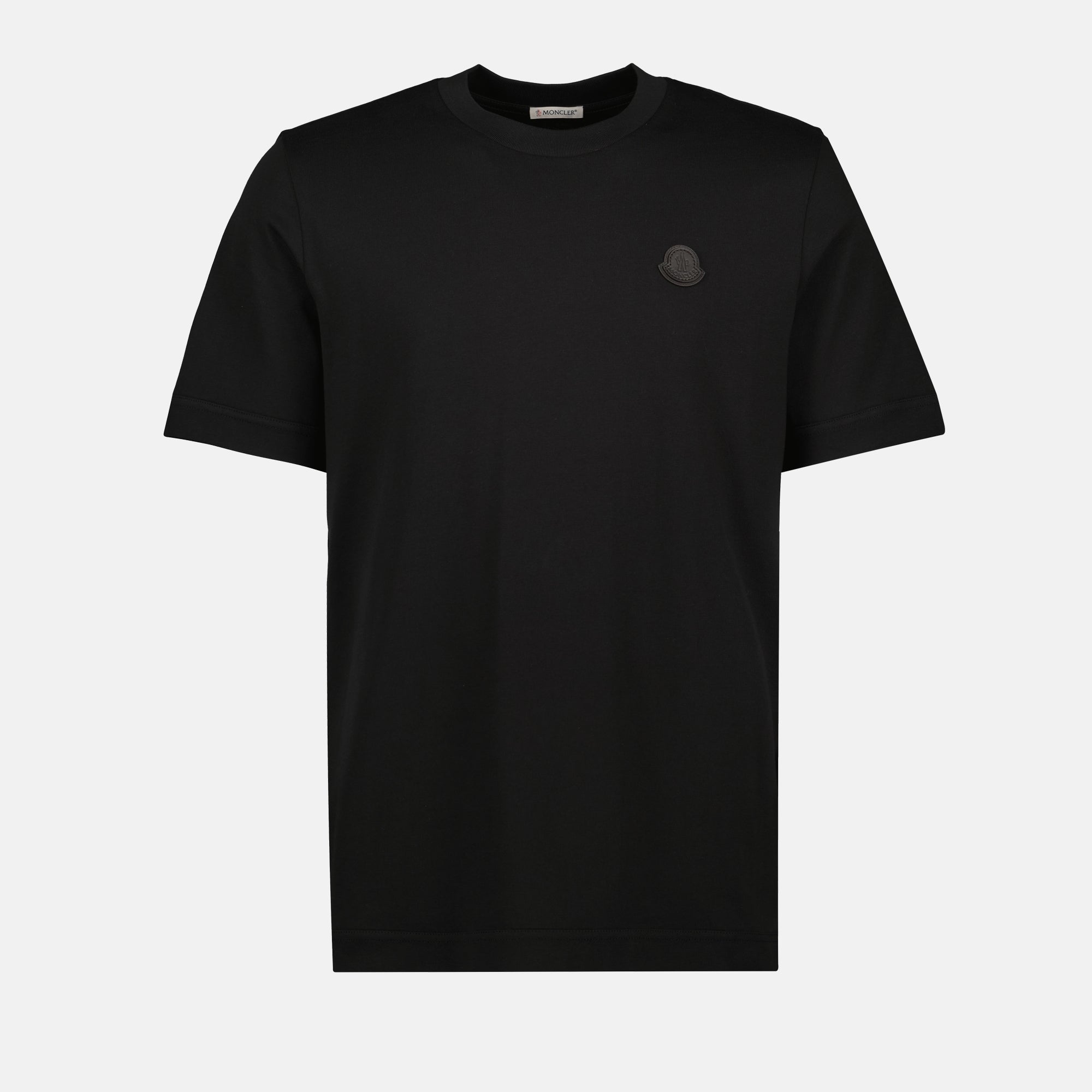 Moncler t-shirt, black logo shirt, cotton jersey t-shirt, leather patch t-shirt, autumn winter collection