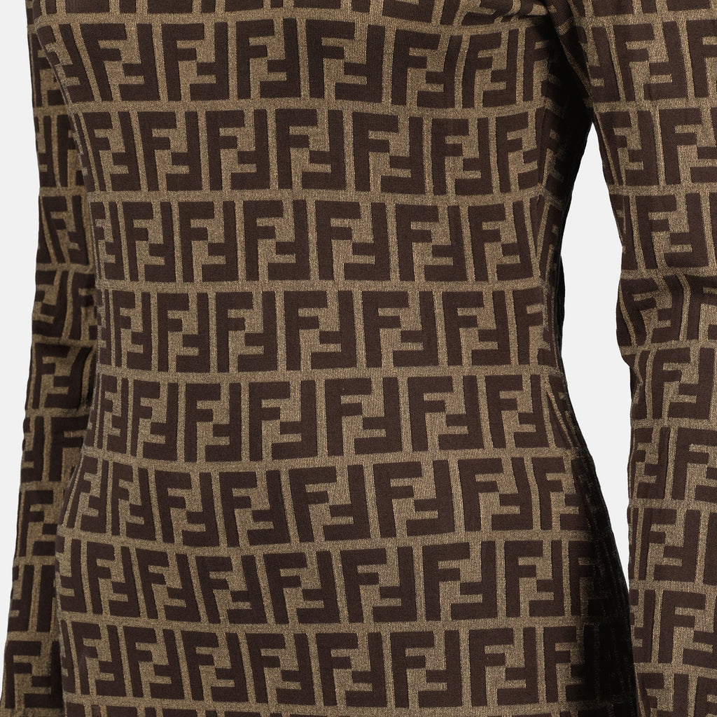Fendi dress, FF print dress, brown cotton dress, Autumn-Winter fashion, elegant women's dress