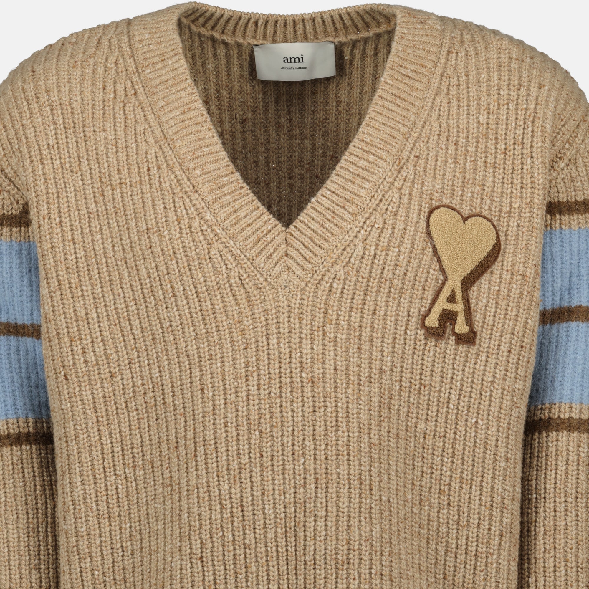 AMI Paris, brown knit sweater, V-neck sweater, iconic logo, autumn winter collection