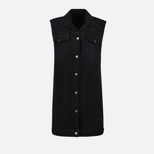 Prada denim dress, sleeveless dress, Fall-Winter 2024, luxury women's wear, black denim