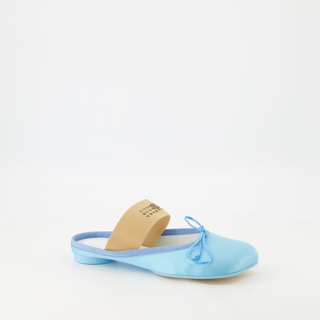 mules, MM6, viscose shoes, blue footwear, elegant sandals