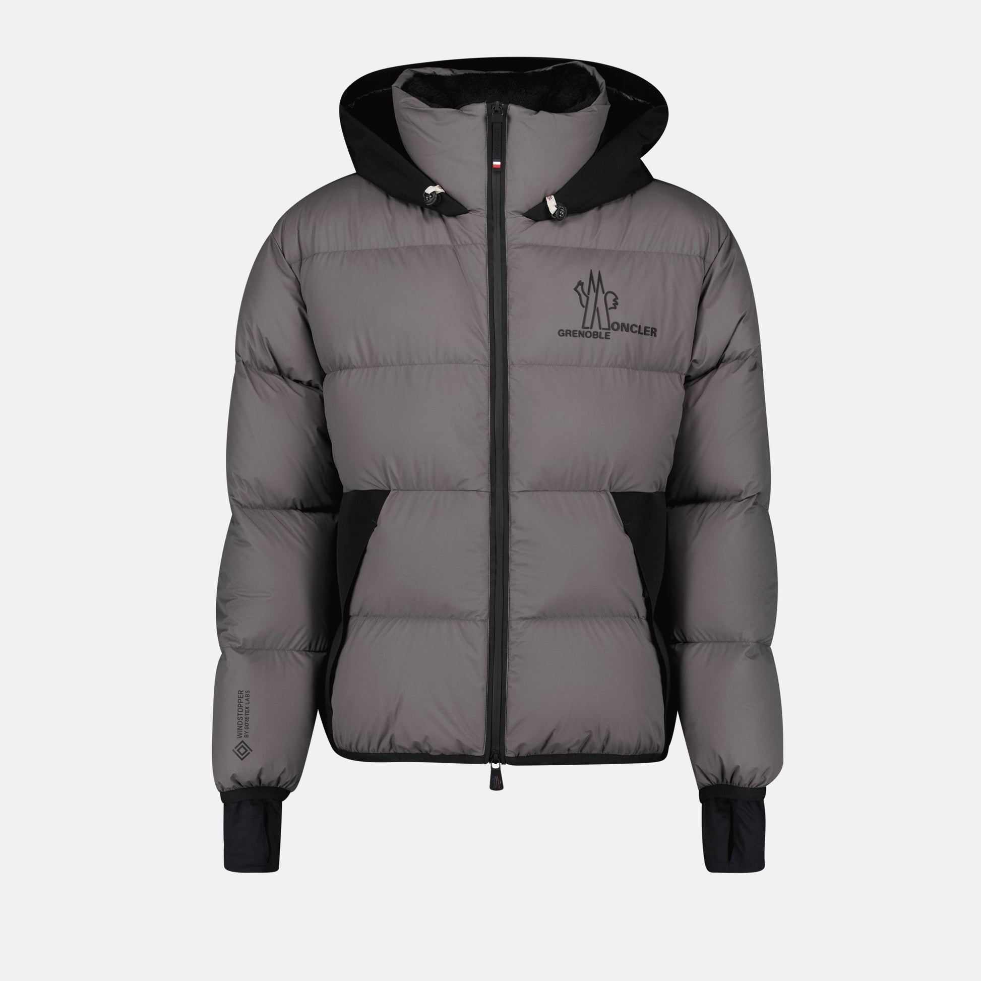 gray quilted jacket, Moncler Grenoble jacket, autumn-winter outerwear, nylon jacket with logo, adjustable hood jacket