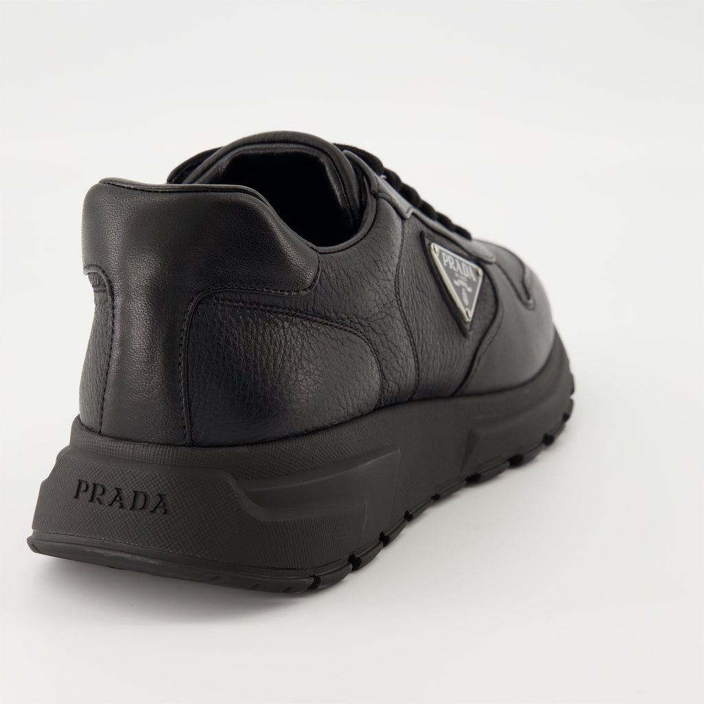 Prada sneakers, black leather sneakers, Prax 01 model, men's footwear, luxury menswear