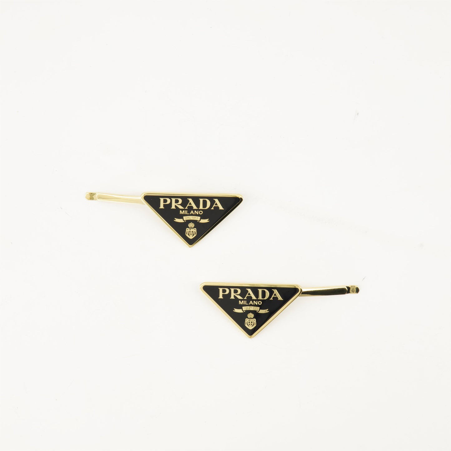 Prada hair accessories, enameled hairpins, metal hairpins, luxury hairpins, designer hairpins