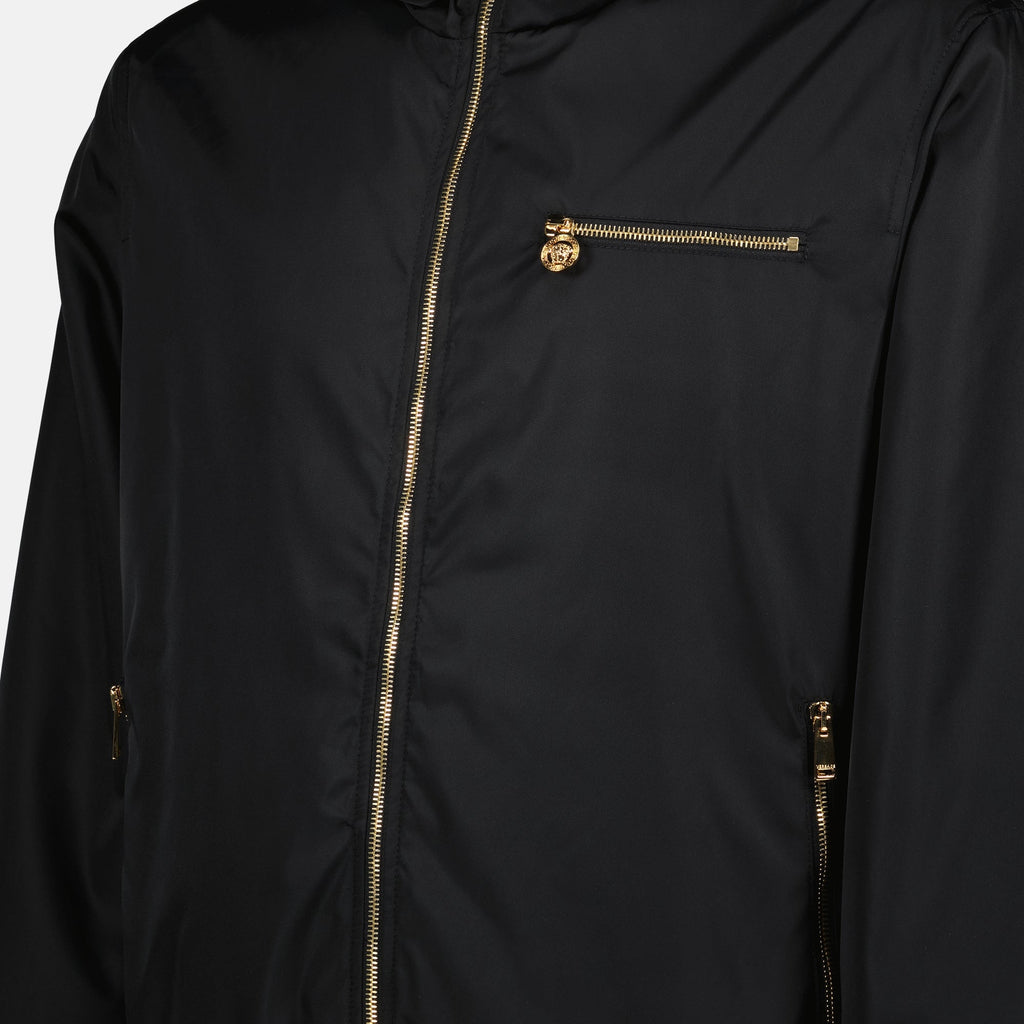 black windbreaker, nylon jacket, Versace outerwear, men's fashion, contemporary style