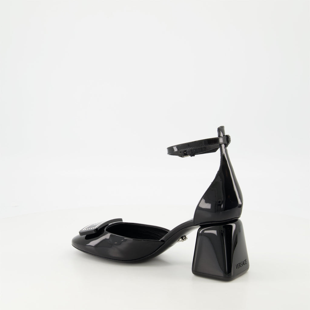 black patent leather heels, Versace shoes, adjustable ankle strap heels, elegant footwear, Spring-Summer collection