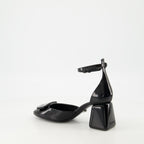 black patent leather heels, Versace shoes, adjustable ankle strap heels, elegant footwear, Spring-Summer collection