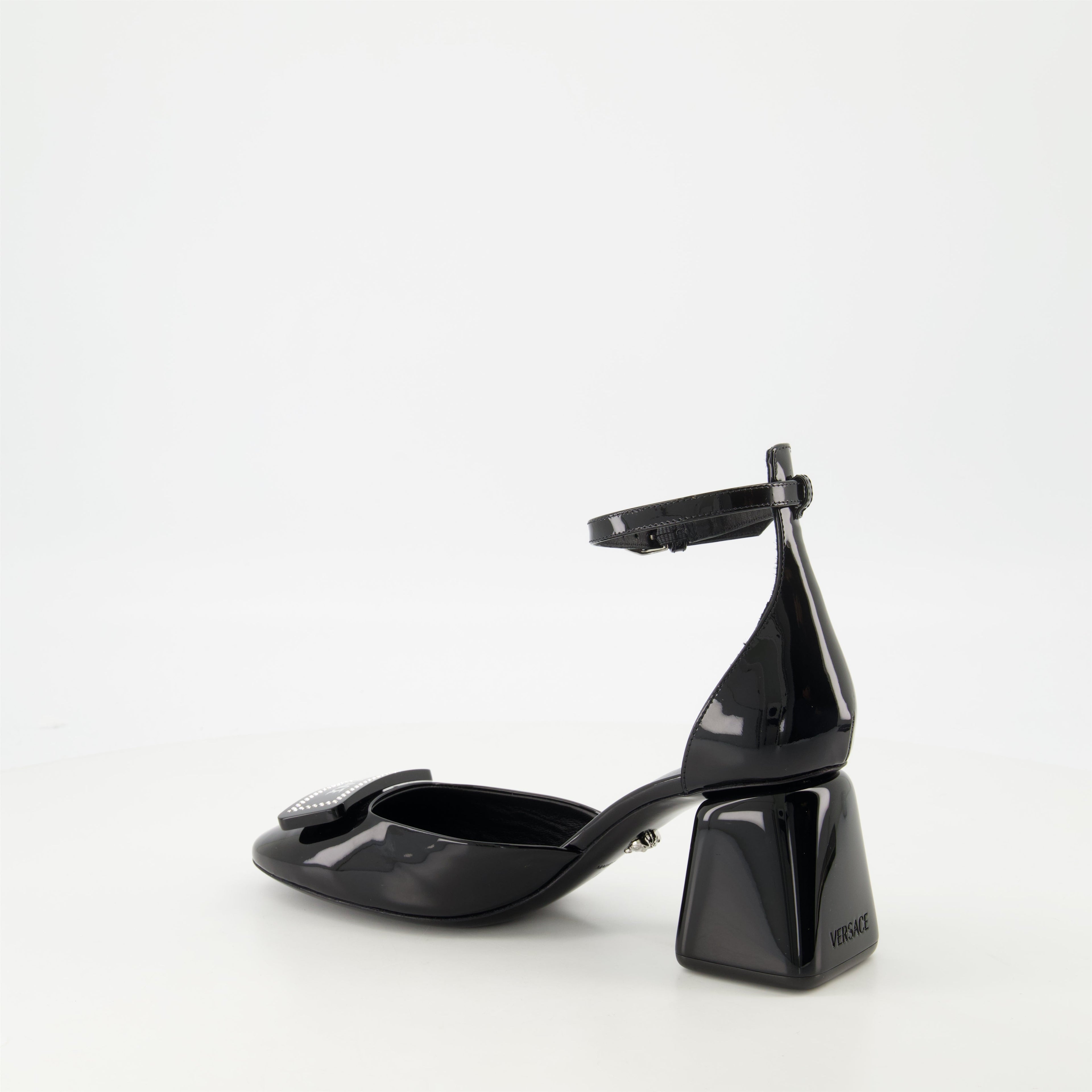 black patent leather heels, Versace shoes, adjustable ankle strap heels, elegant footwear, Spring-Summer collection