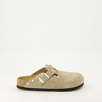 Birkenstock mules, beige suede shoes, comfortable footwear, molded sole, adjustable slip-ons