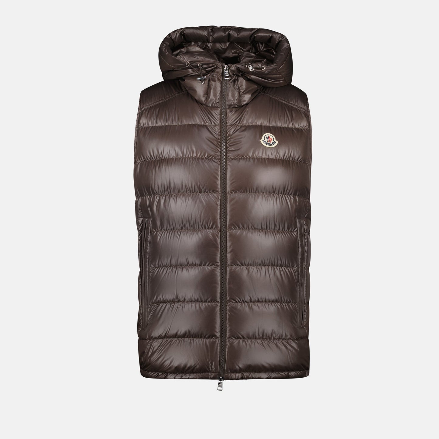 sleeveless vest, Moncler, brown vest, down-filled vest, double hood