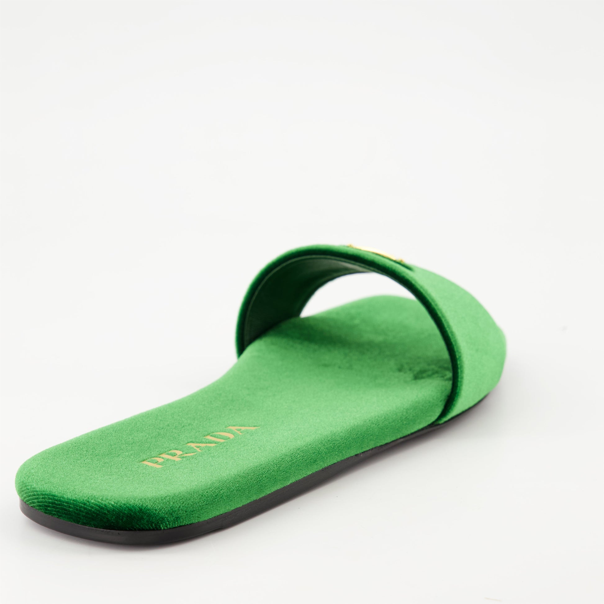 Prada sandals, green velvet shoes, luxury footwear, autumn-winter 2024, flat sandals