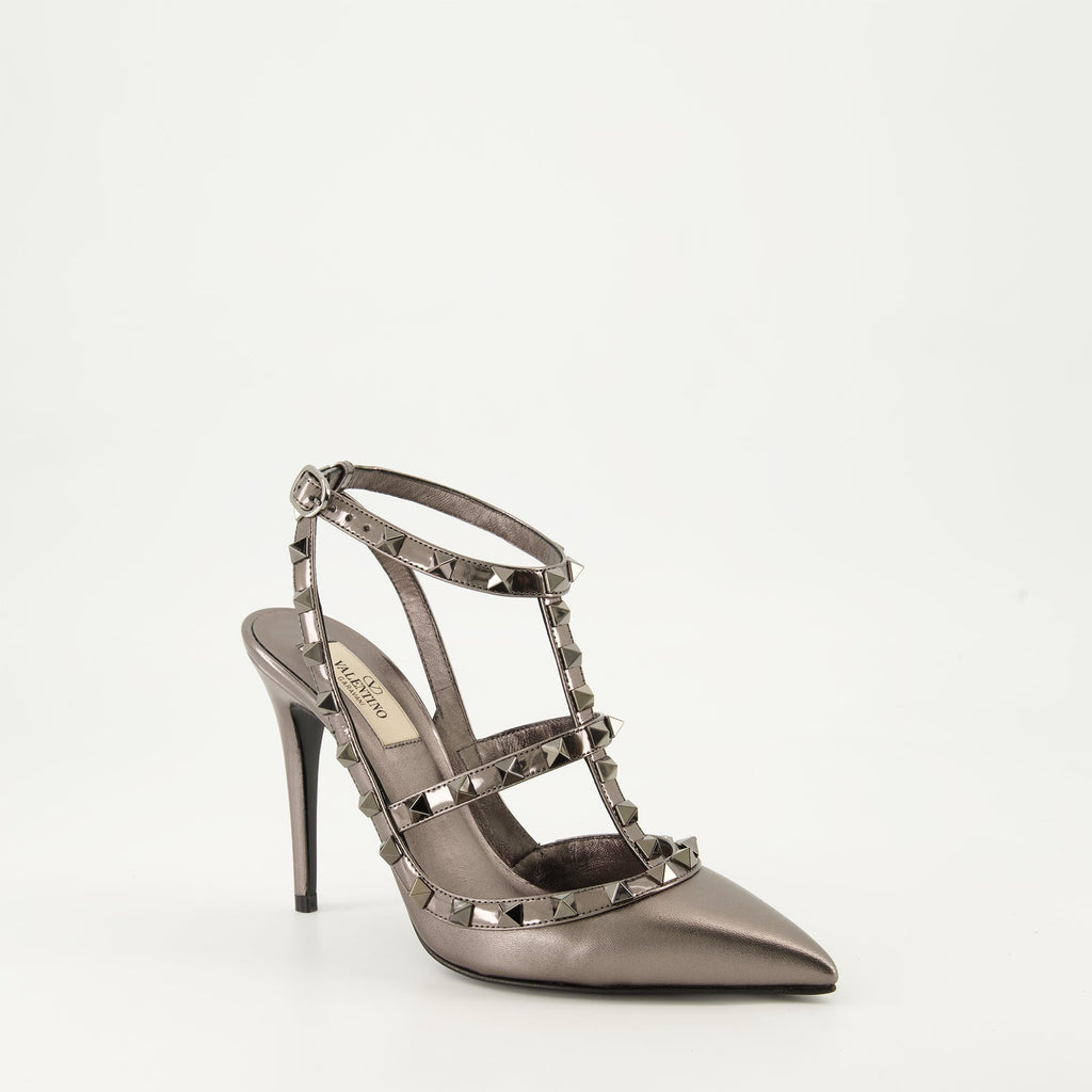 Valentino, Rockstud Heels, Silver Shoes, Luxury Fashion, Pointed Heels