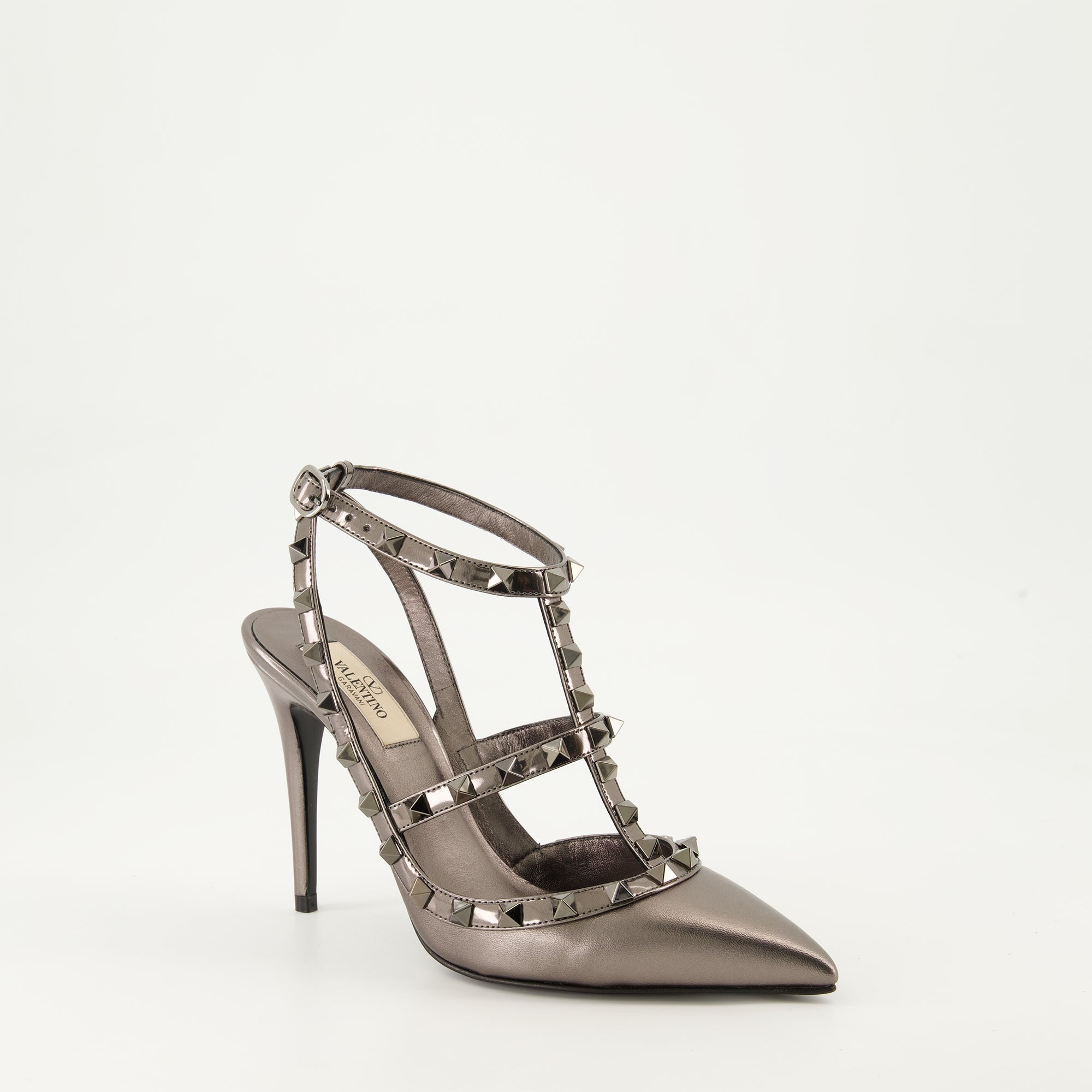 Valentino, Rockstud Heels, Silver Shoes, Luxury Fashion, Pointed Heels
