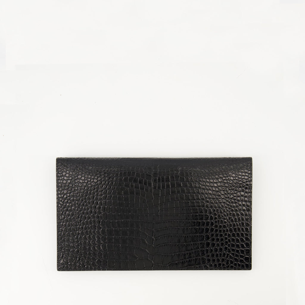 Uptown pouch, crocodile-effect accessory, Saint Laurent pouch, black leather pouch, Autumn-Winter 2025 collection