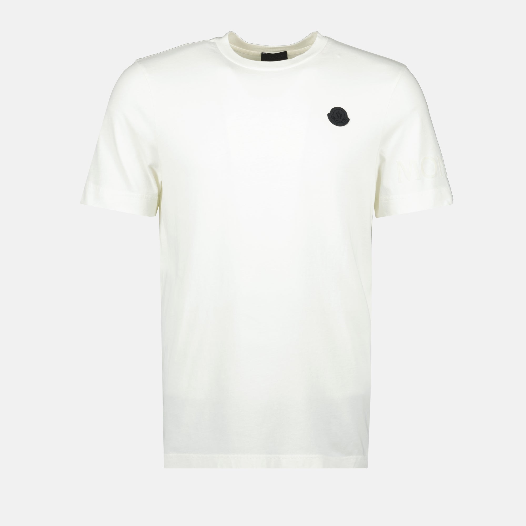 Moncler T-shirt, white logo T-shirt, cotton jersey tee, round neck tee, short sleeve shirt