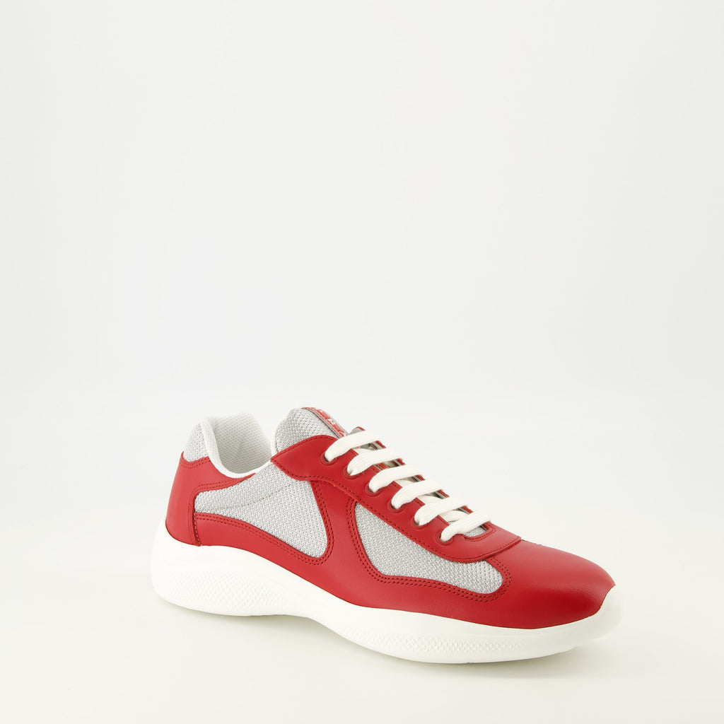 Prada shoe, America's Cup, red sneakers, calf leather footwear, rugged sole